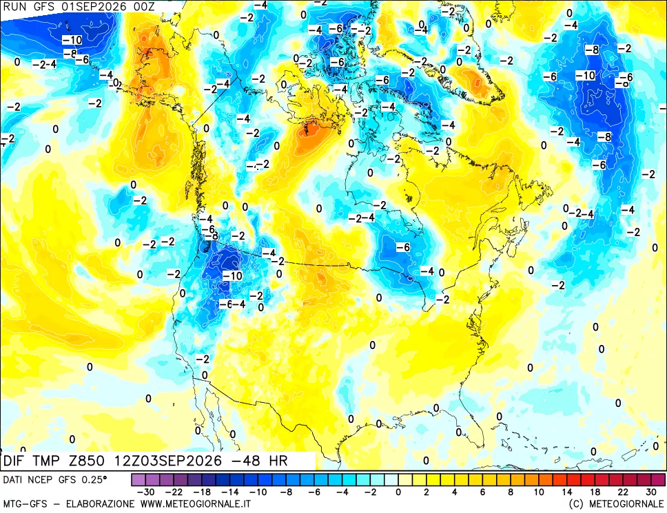 mappa Dif. Temp a 850 hPa Valid - Init