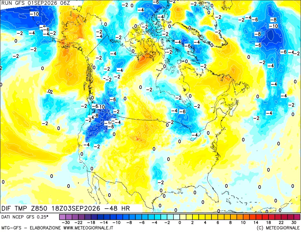 mappa Dif. Temp a 850 hPa Valid - Init