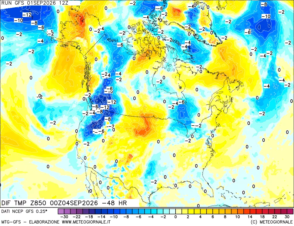 mappa Dif. Temp a 850 hPa Valid - Init