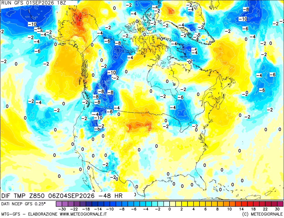 mappa Dif. Temp a 850 hPa Valid - Init