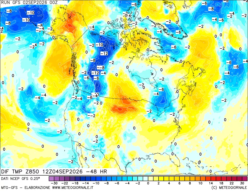 mappa Dif. Temp a 850 hPa Valid - Init