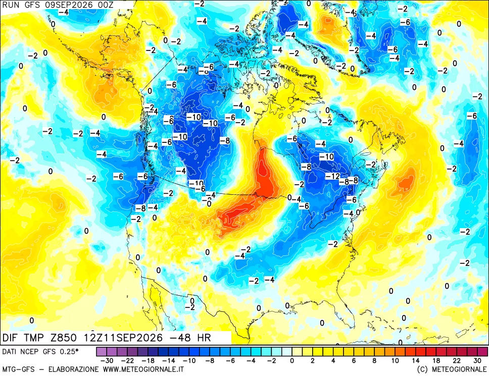 mappa Dif. Temp a 850 hPa Valid - Init
