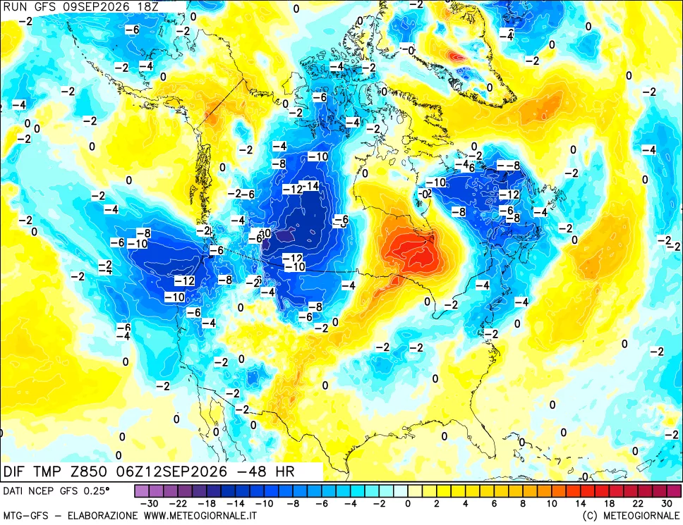 mappa Dif. Temp a 850 hPa Valid - Init