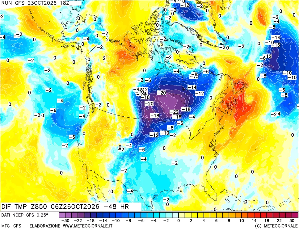 mappa Dif. Temp a 850 hPa Valid - Init
