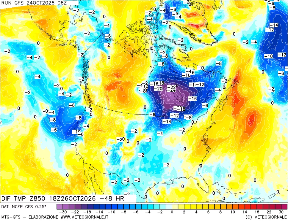 mappa Dif. Temp a 850 hPa Valid - Init