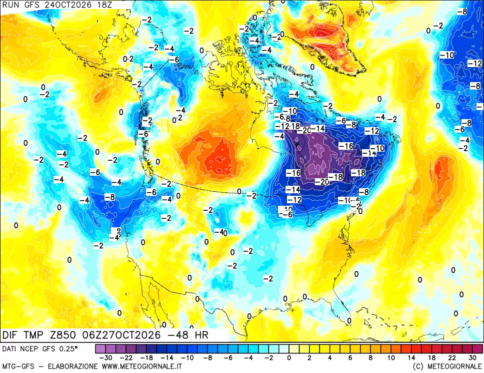 mappa Dif. Temp a 850 hPa Valid - Init