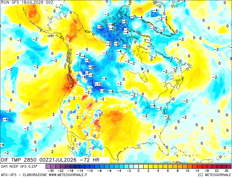 mappa Dif. Temp a 850 hPa Valid - Init