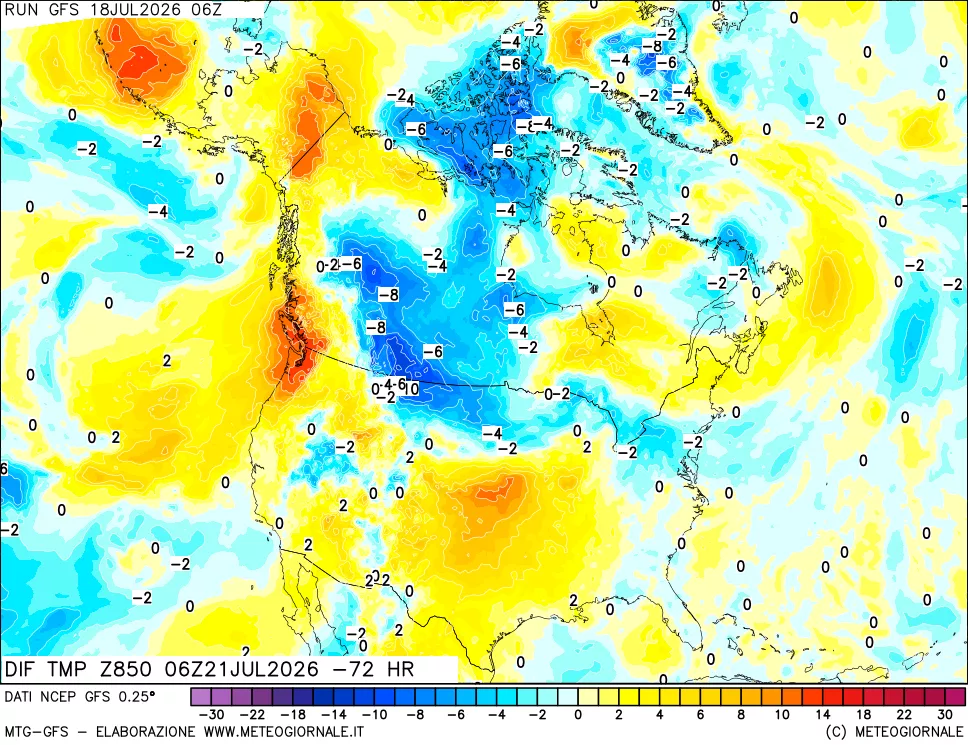 mappa Dif. Temp a 850 hPa Valid - Init
