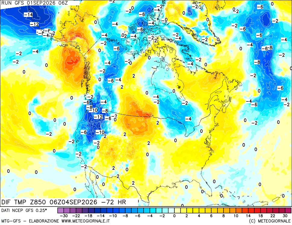 mappa Dif. Temp a 850 hPa Valid - Init