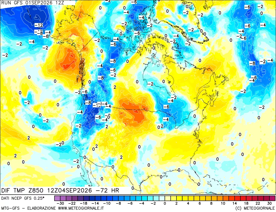 mappa Dif. Temp a 850 hPa Valid - Init