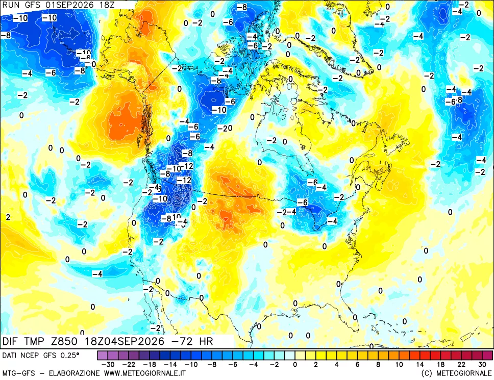 mappa Dif. Temp a 850 hPa Valid - Init