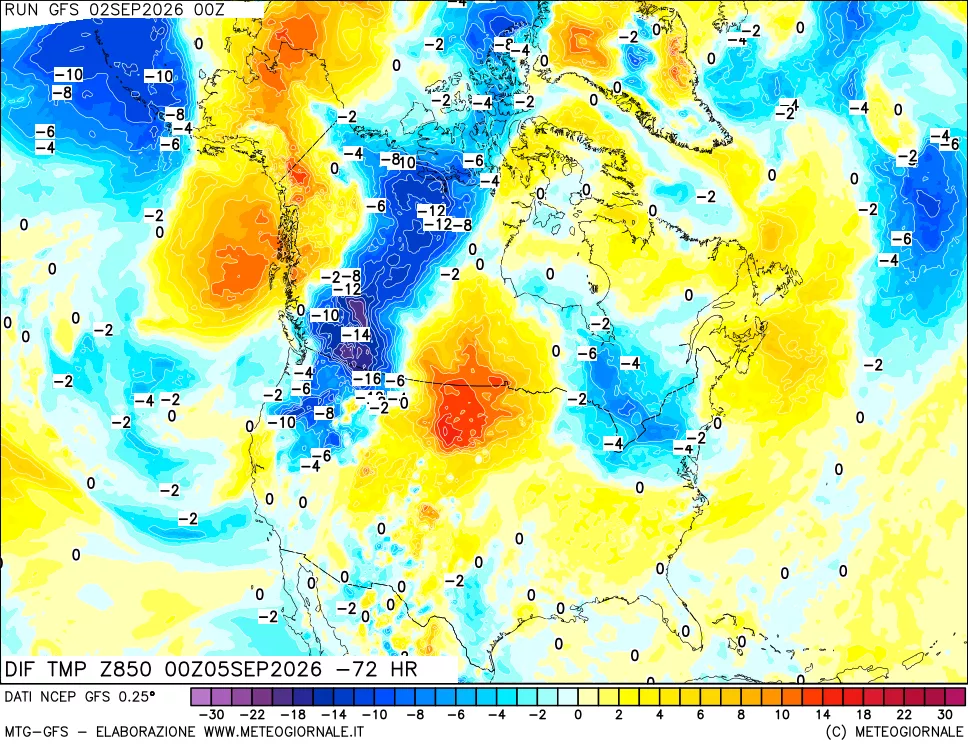 mappa Dif. Temp a 850 hPa Valid - Init
