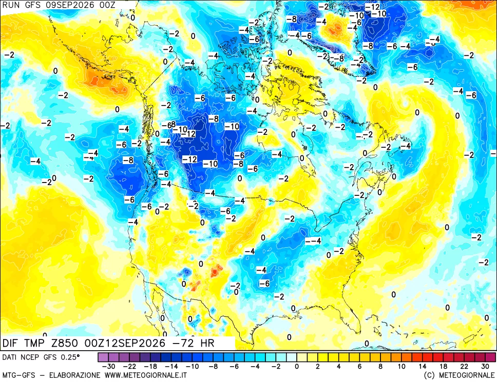 mappa Dif. Temp a 850 hPa Valid - Init