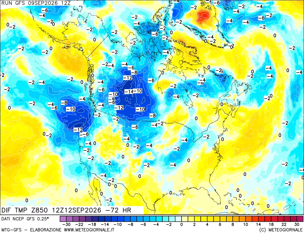 mappa Dif. Temp a 850 hPa Valid - Init