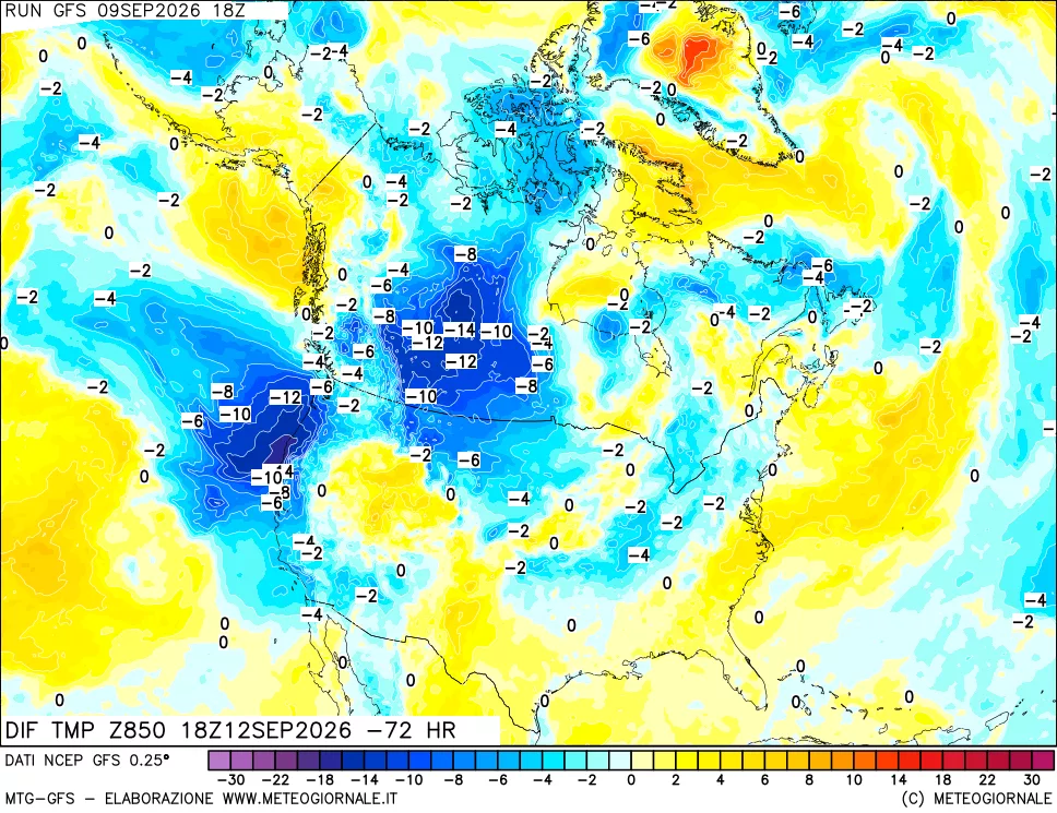 mappa Dif. Temp a 850 hPa Valid - Init