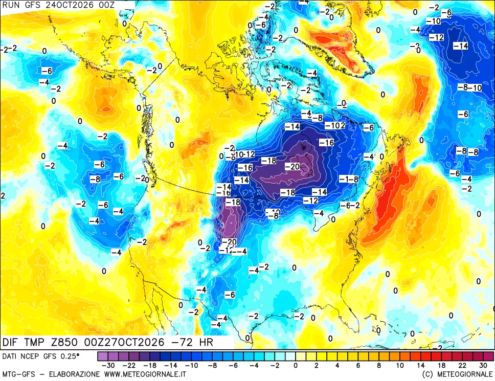 mappa Dif. Temp a 850 hPa Valid - Init