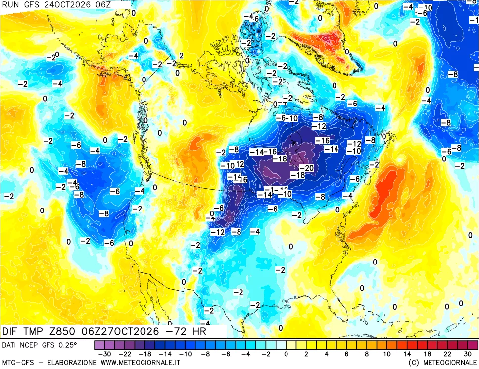 mappa Dif. Temp a 850 hPa Valid - Init
