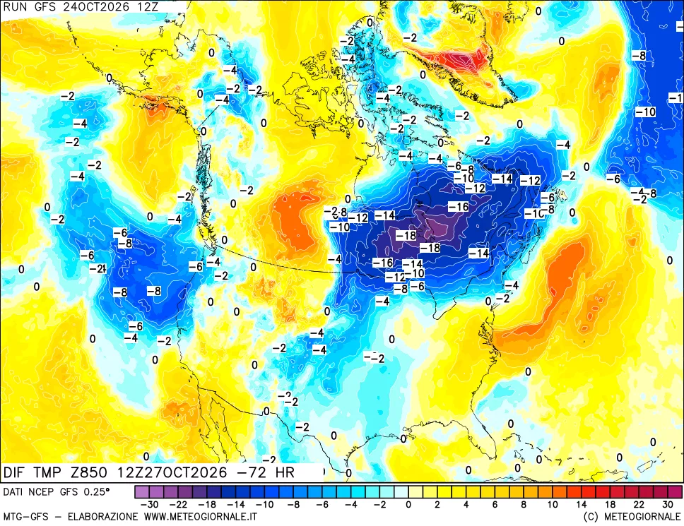 mappa Dif. Temp a 850 hPa Valid - Init
