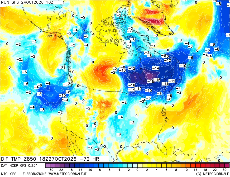 mappa Dif. Temp a 850 hPa Valid - Init