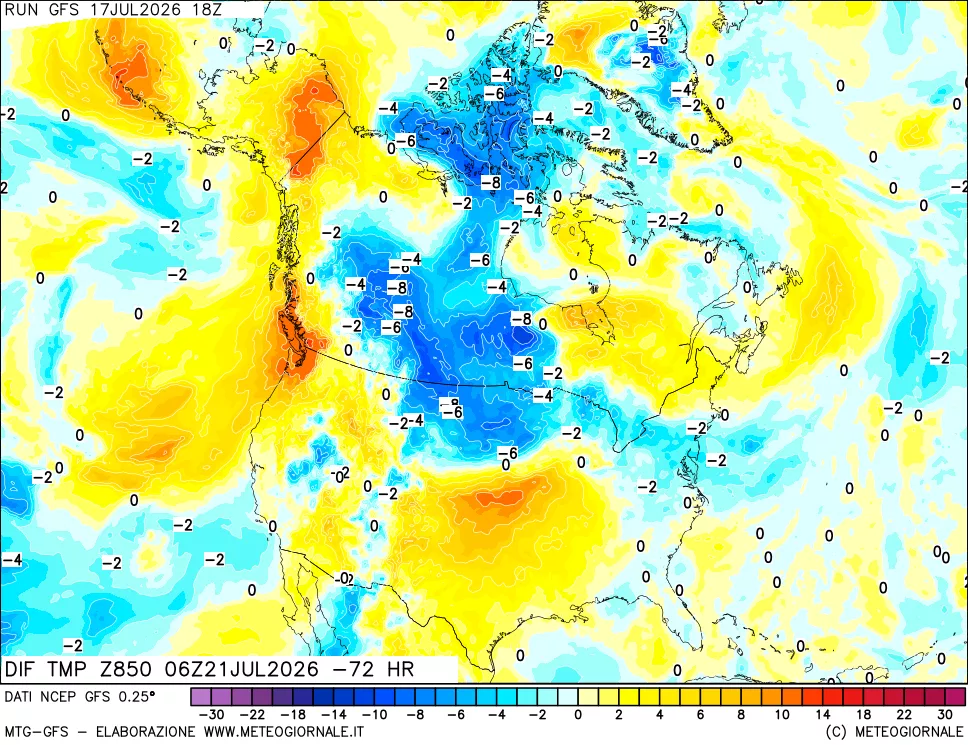 mappa Dif. Temp a 850 hPa Valid - Init