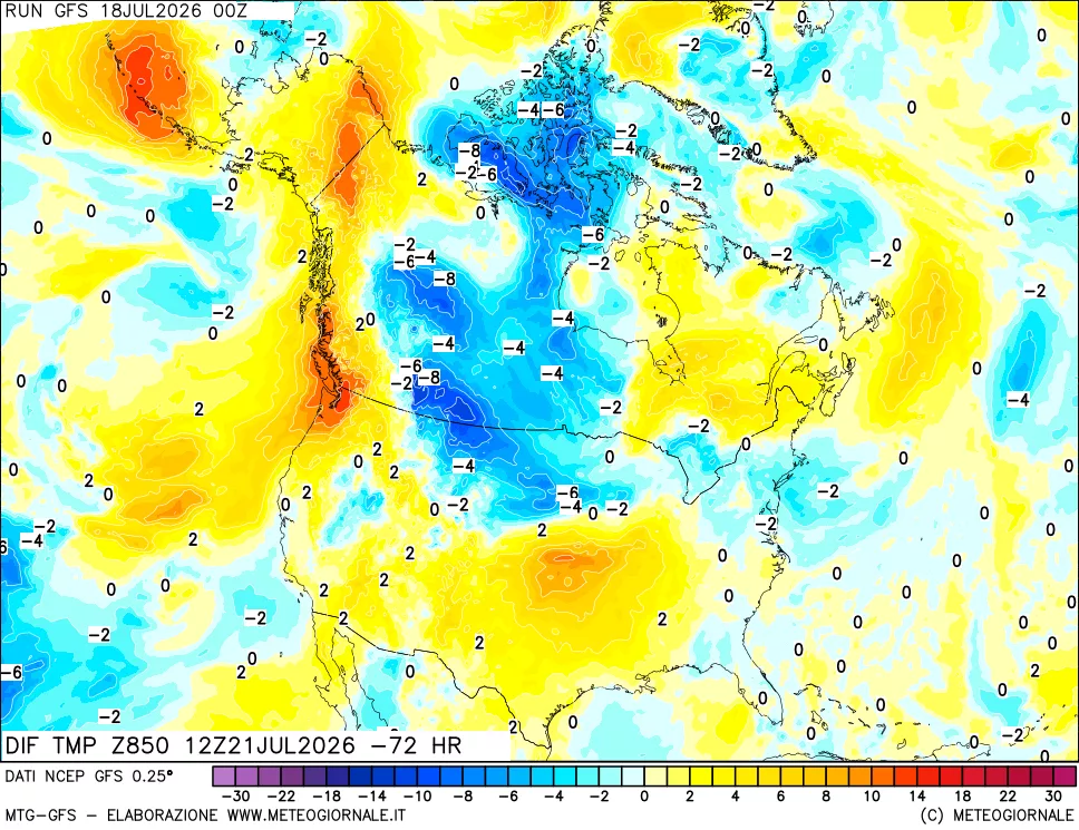 mappa Dif. Temp a 850 hPa Valid - Init