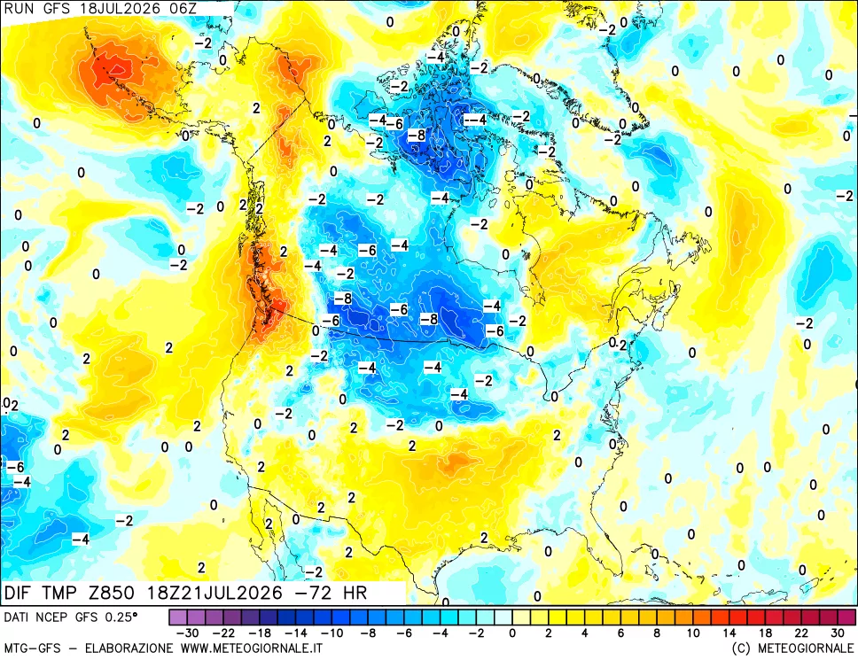 mappa Dif. Temp a 850 hPa Valid - Init