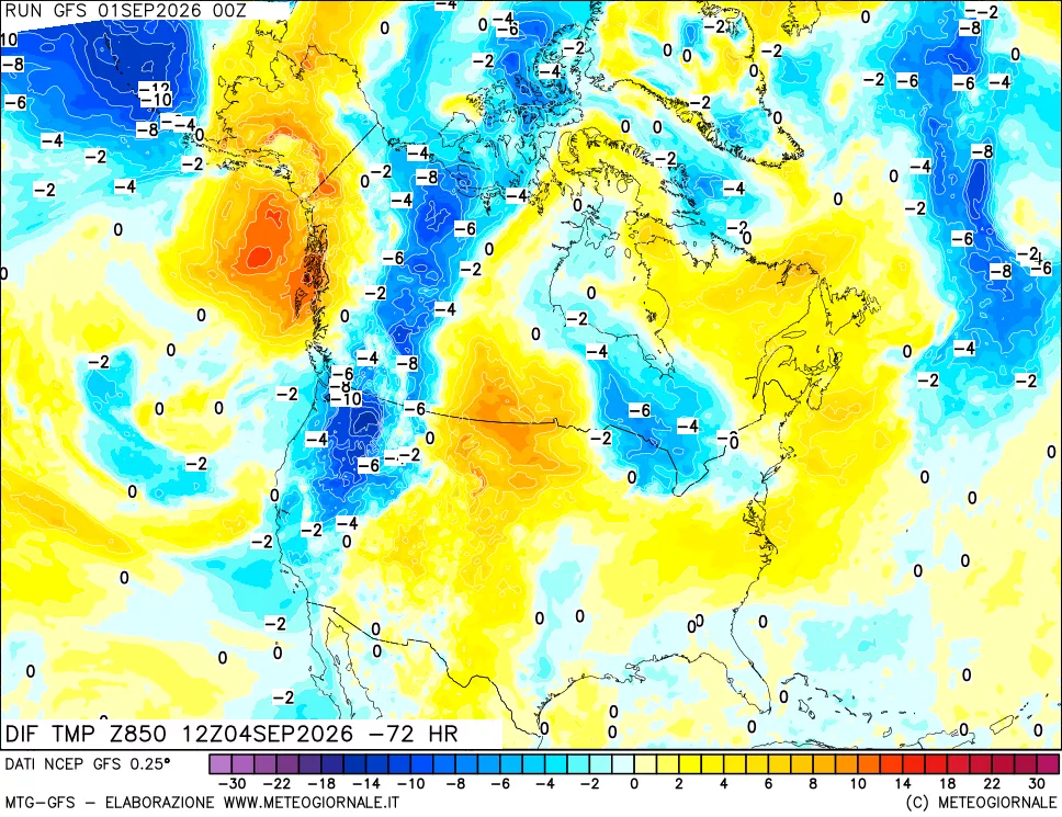 mappa Dif. Temp a 850 hPa Valid - Init