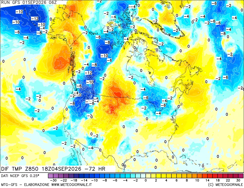 mappa Dif. Temp a 850 hPa Valid - Init