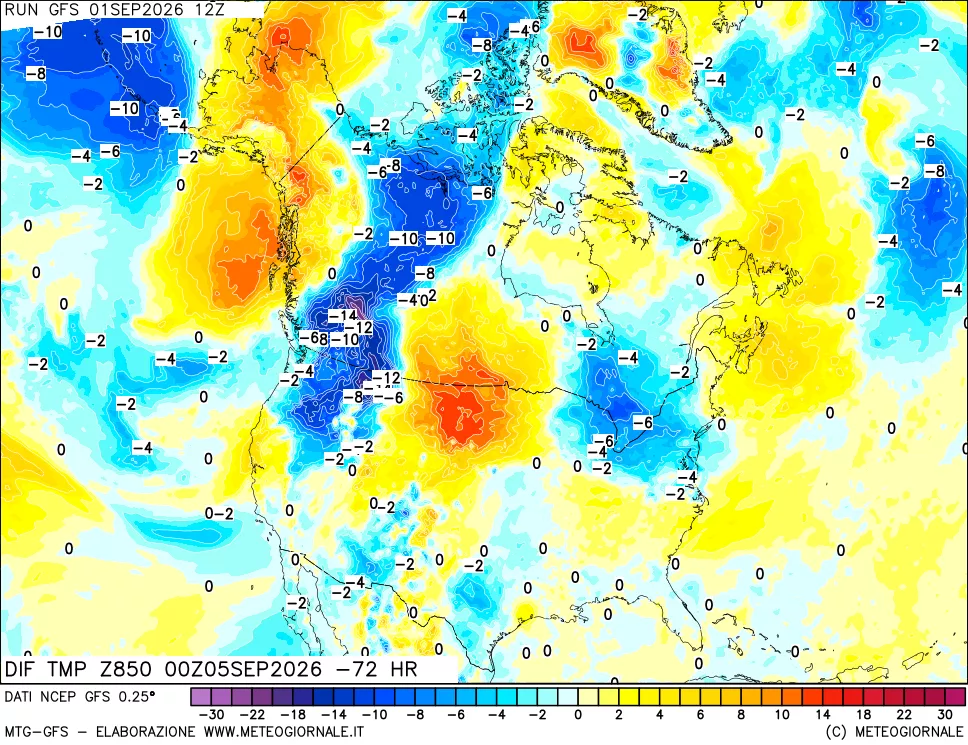 mappa Dif. Temp a 850 hPa Valid - Init
