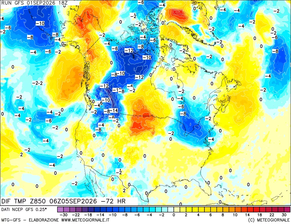 mappa Dif. Temp a 850 hPa Valid - Init