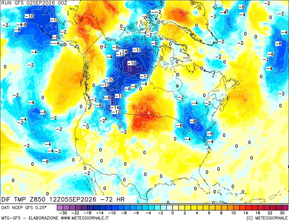 mappa Dif. Temp a 850 hPa Valid - Init