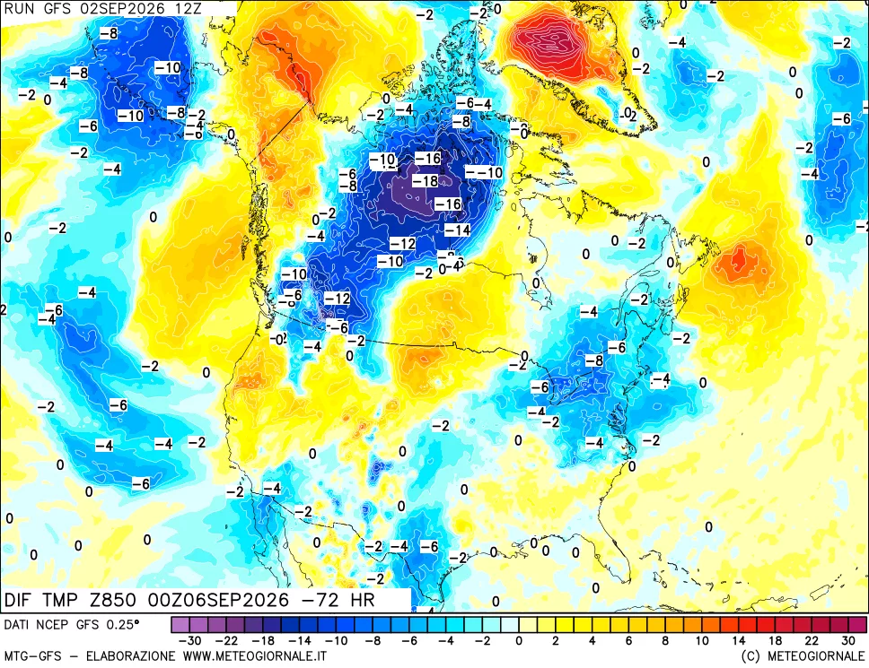 mappa Dif. Temp a 850 hPa Valid - Init