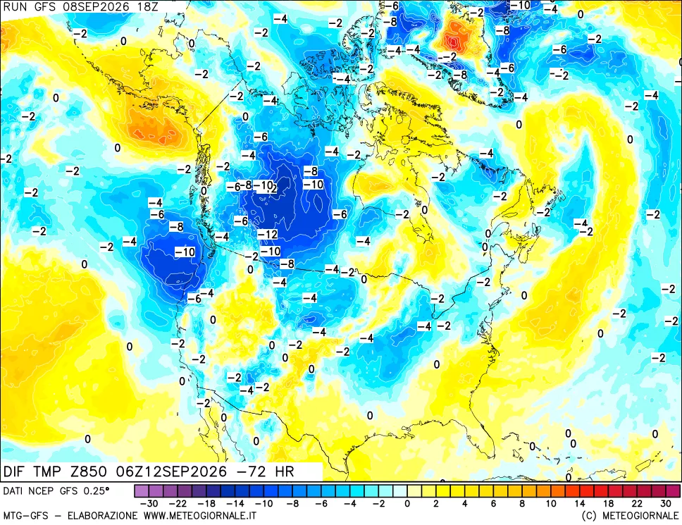 mappa Dif. Temp a 850 hPa Valid - Init