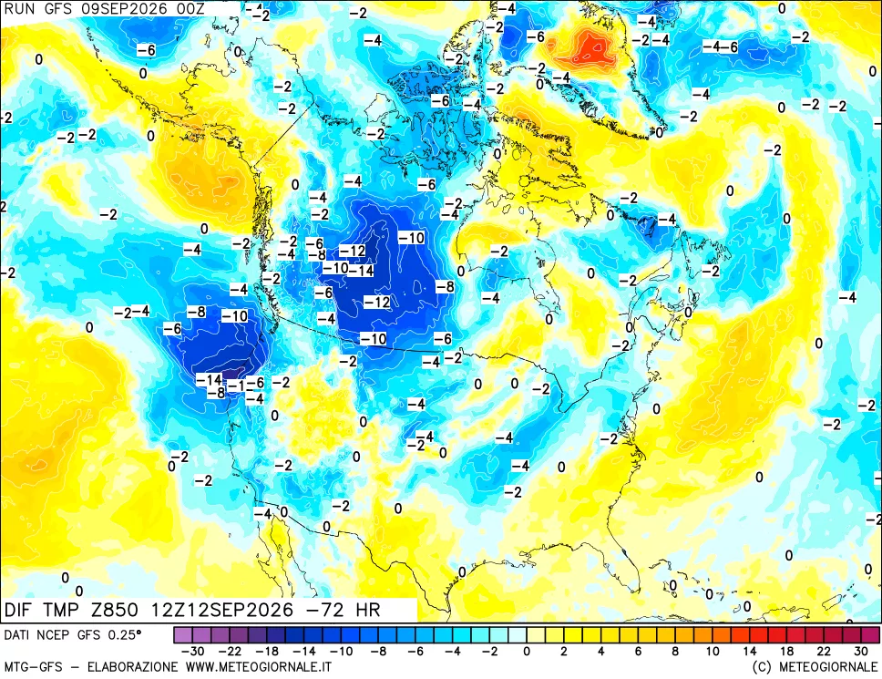 mappa Dif. Temp a 850 hPa Valid - Init