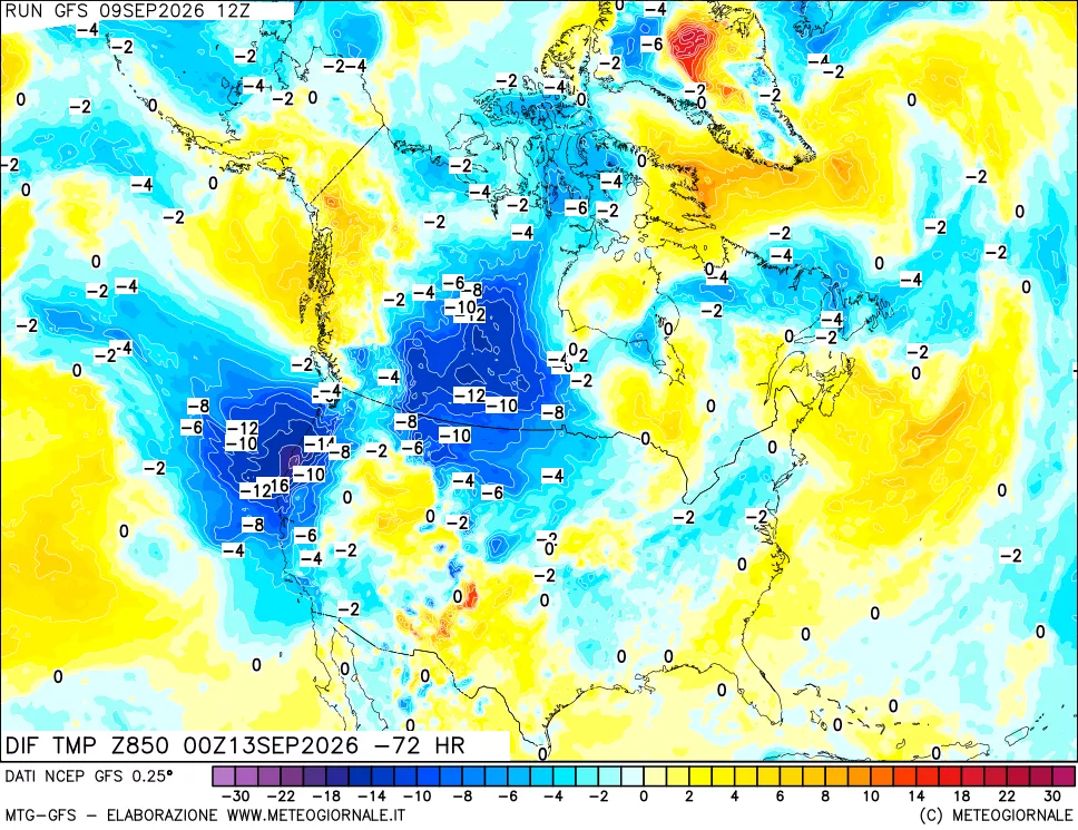mappa Dif. Temp a 850 hPa Valid - Init