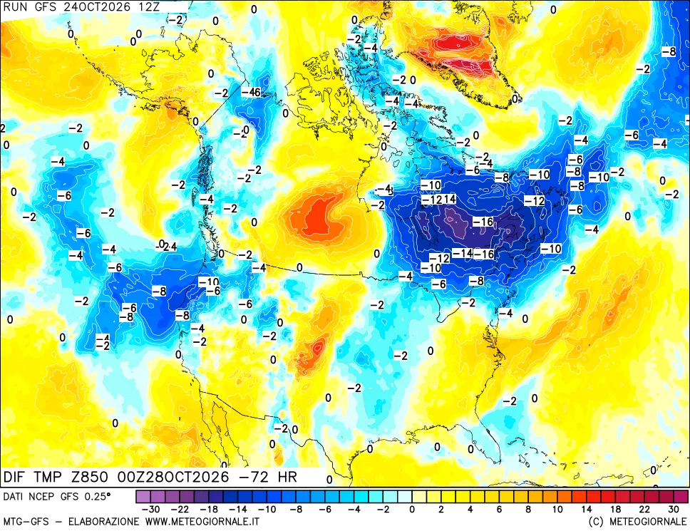 mappa Dif. Temp a 850 hPa Valid - Init