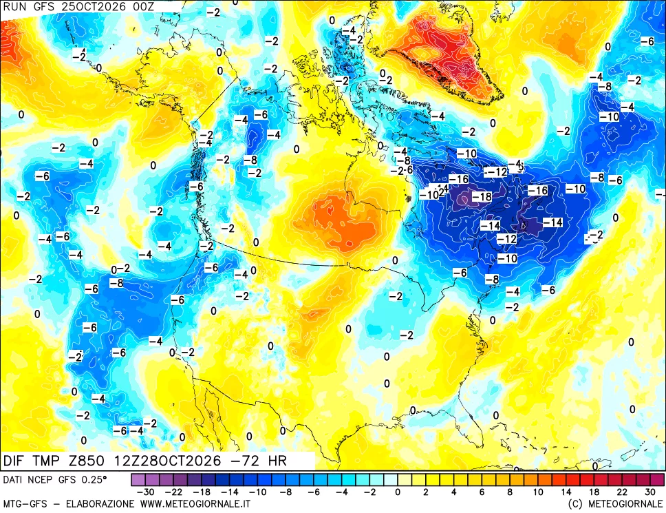 mappa Dif. Temp a 850 hPa Valid - Init