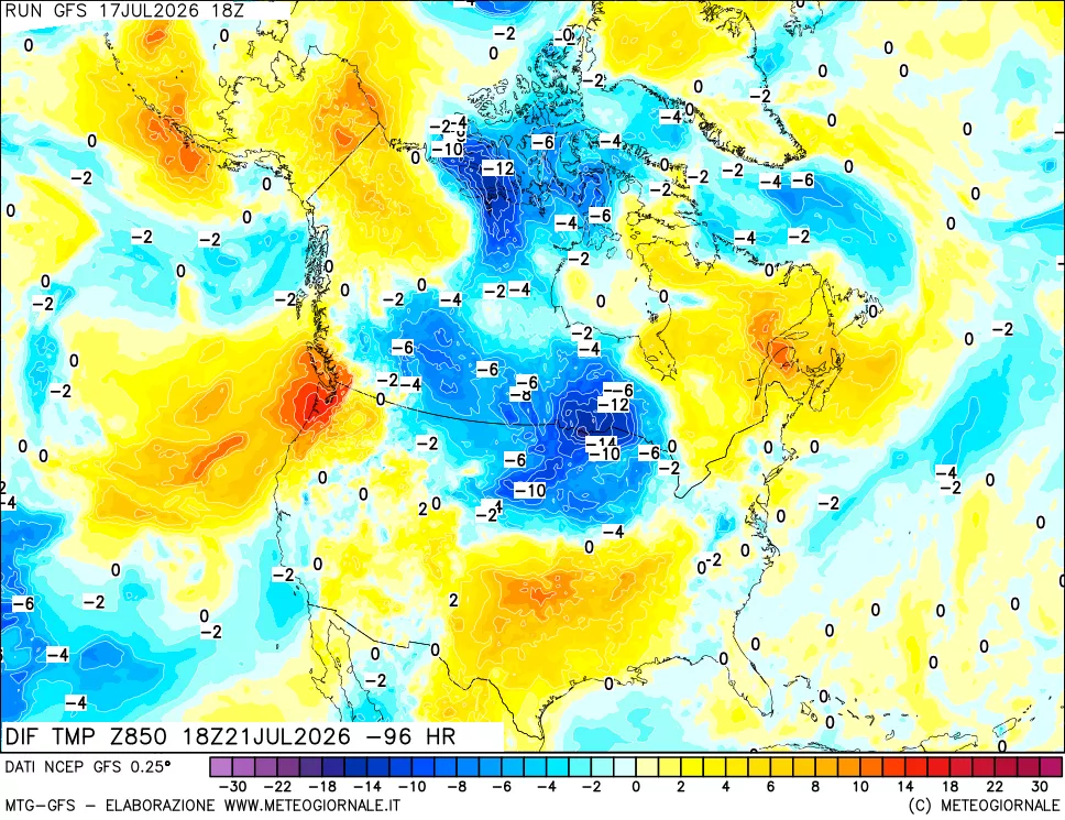mappa Dif. Temp a 850 hPa Valid - Init
