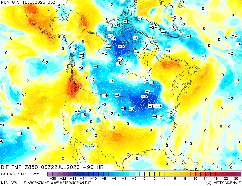 mappa Dif. Temp a 850 hPa Valid - Init