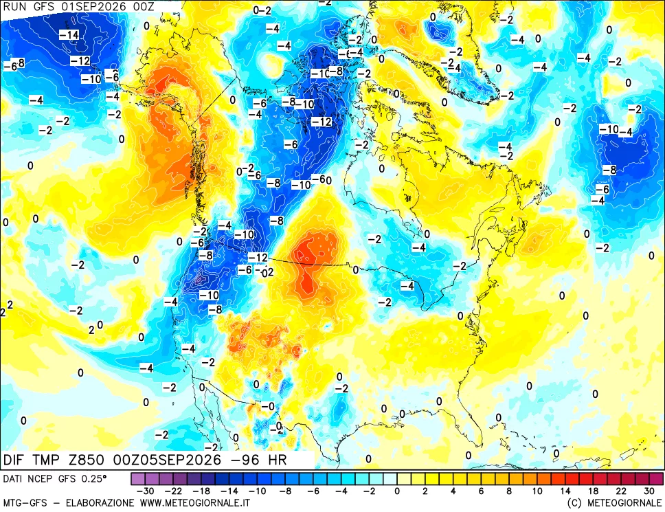 mappa Dif. Temp a 850 hPa Valid - Init