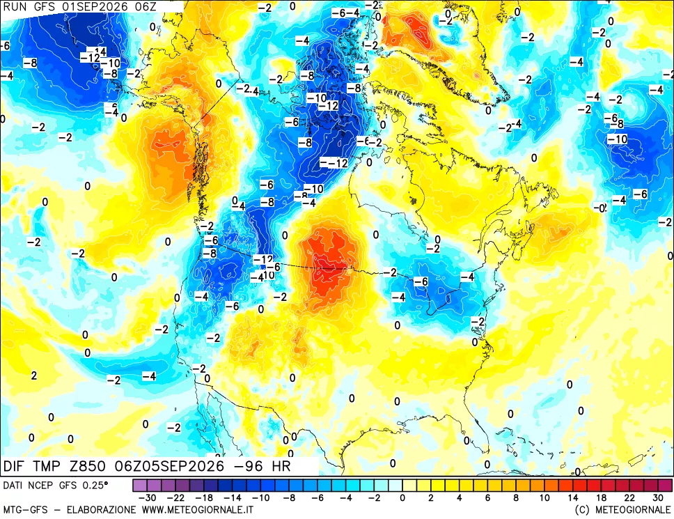 mappa Dif. Temp a 850 hPa Valid - Init