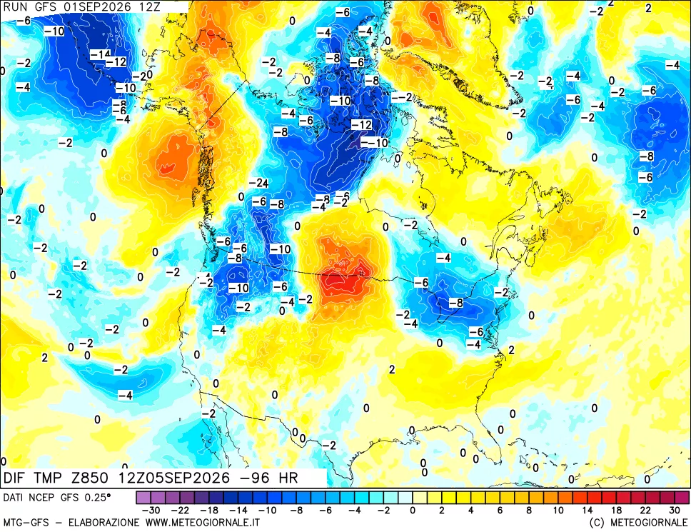 mappa Dif. Temp a 850 hPa Valid - Init