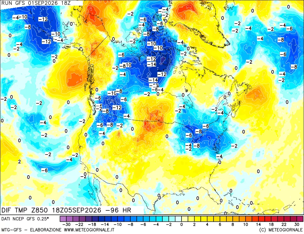 mappa Dif. Temp a 850 hPa Valid - Init