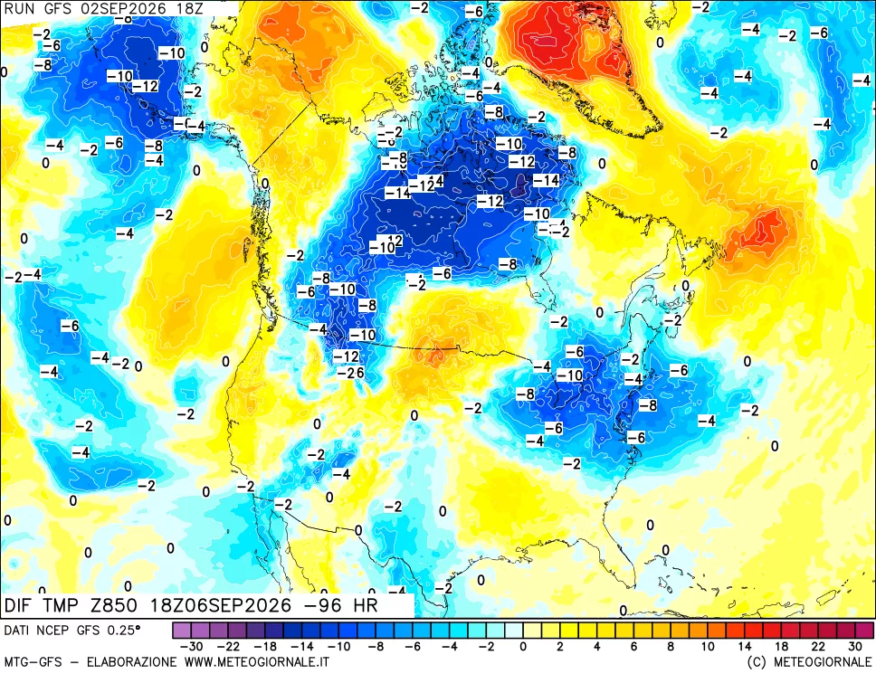 mappa Dif. Temp a 850 hPa Valid - Init