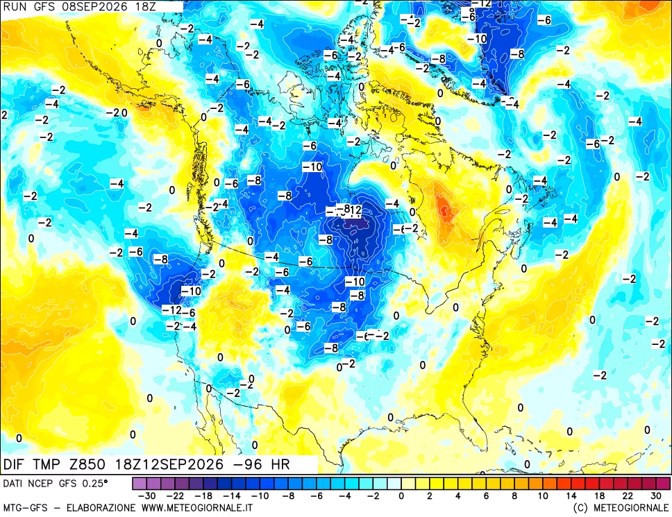 mappa Dif. Temp a 850 hPa Valid - Init