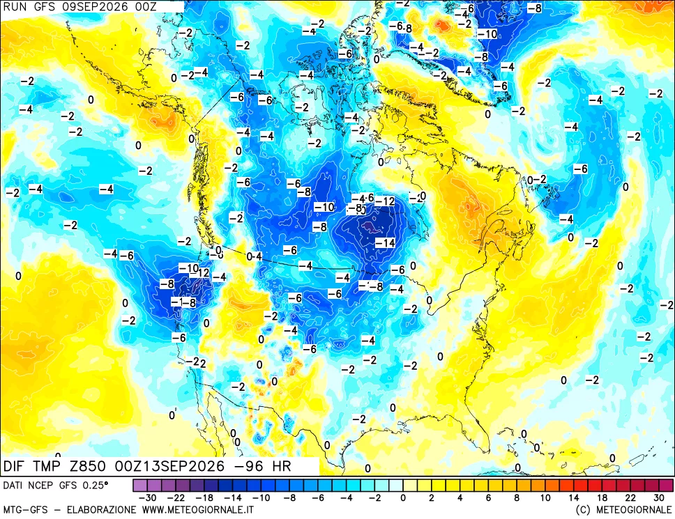 mappa Dif. Temp a 850 hPa Valid - Init