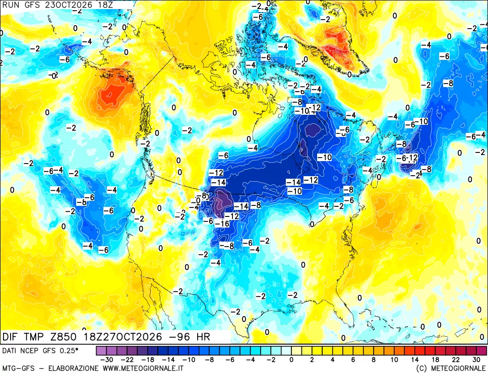 mappa Dif. Temp a 850 hPa Valid - Init