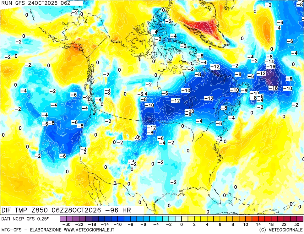 mappa Dif. Temp a 850 hPa Valid - Init