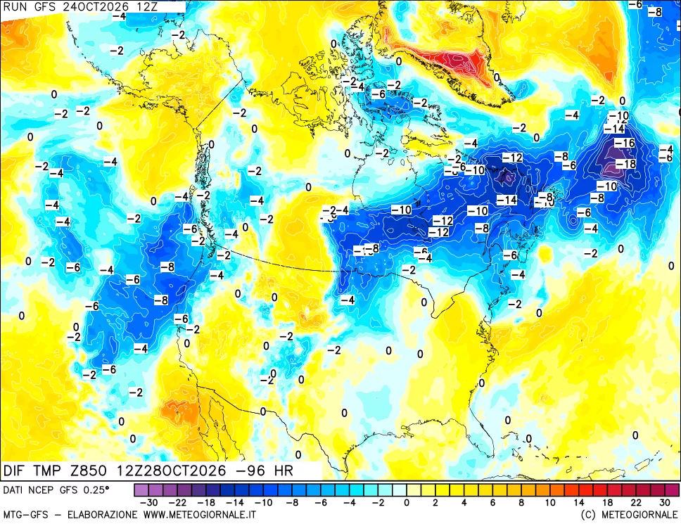mappa Dif. Temp a 850 hPa Valid - Init