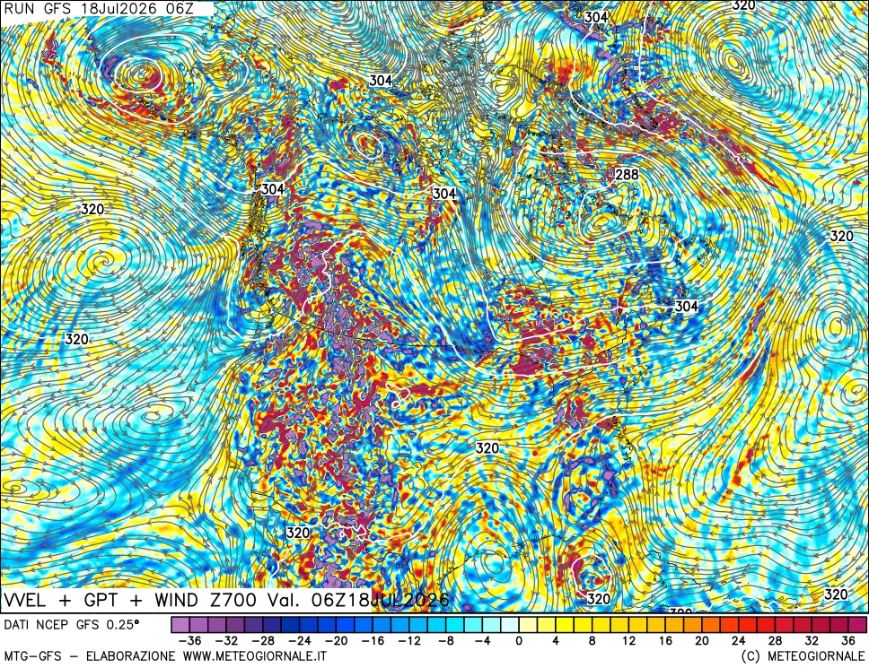 mappa 700 hPa Velocità verticiali + GPT + Vento